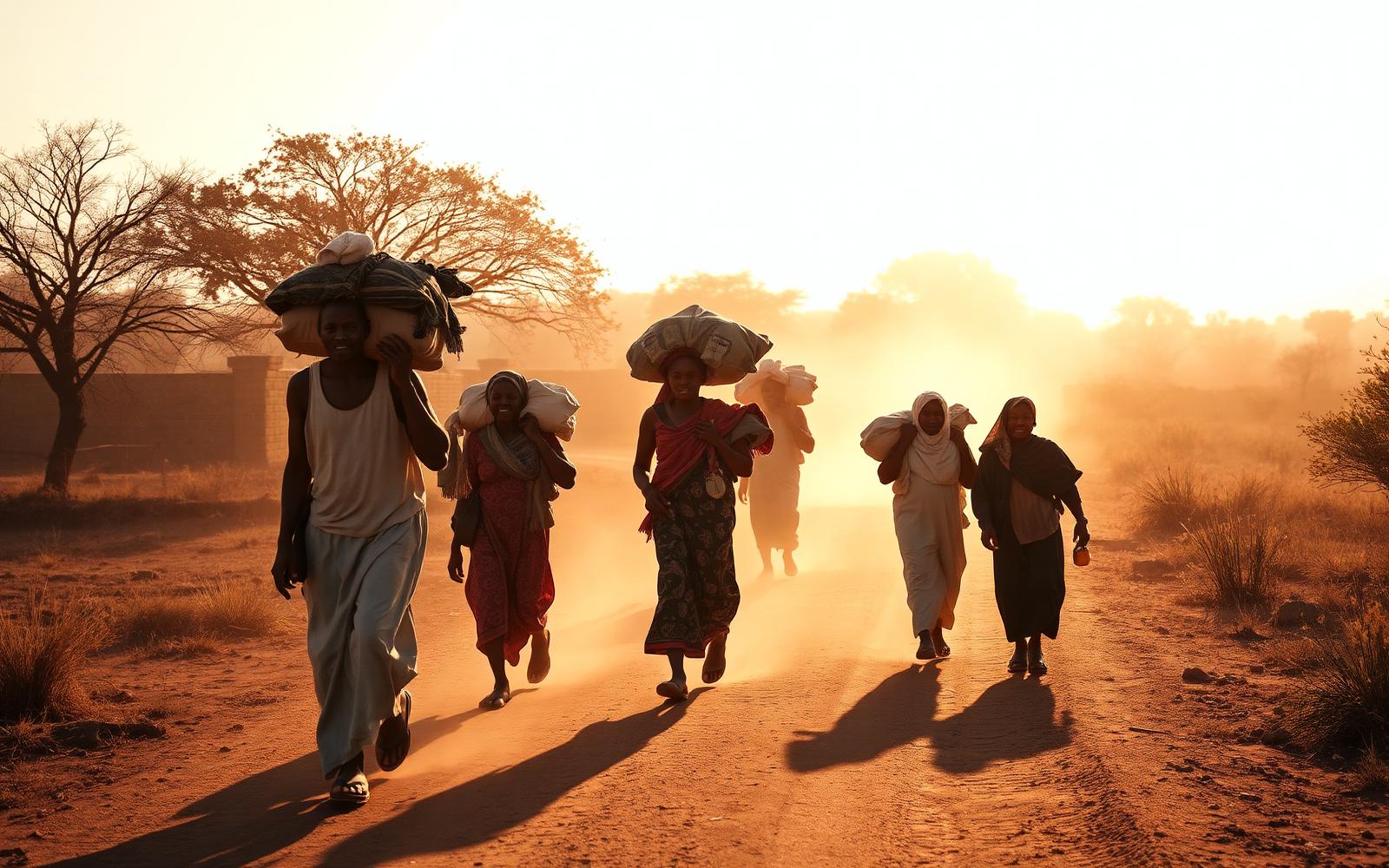 Families walking along a rural Sahel road at dusk